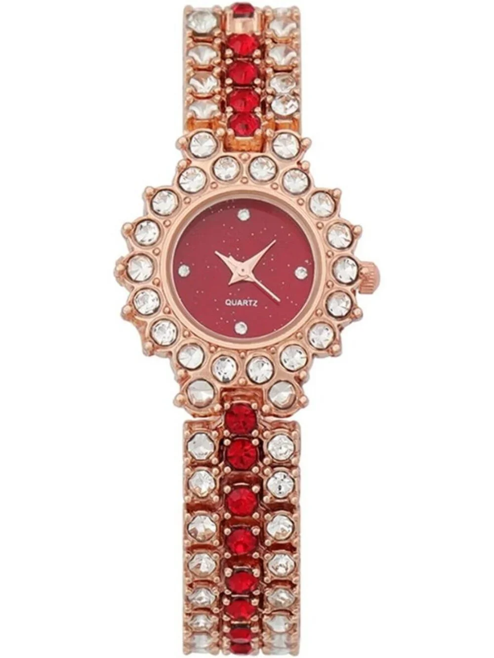 Women's Red Analog Quartz Elegant Steel Belt Diamonds Bracelet Set Wrist Watch